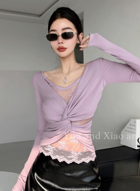 反叛名媛~性感V领蕾丝拼接扭结假两件长袖T恤女白色修身显瘦上衣