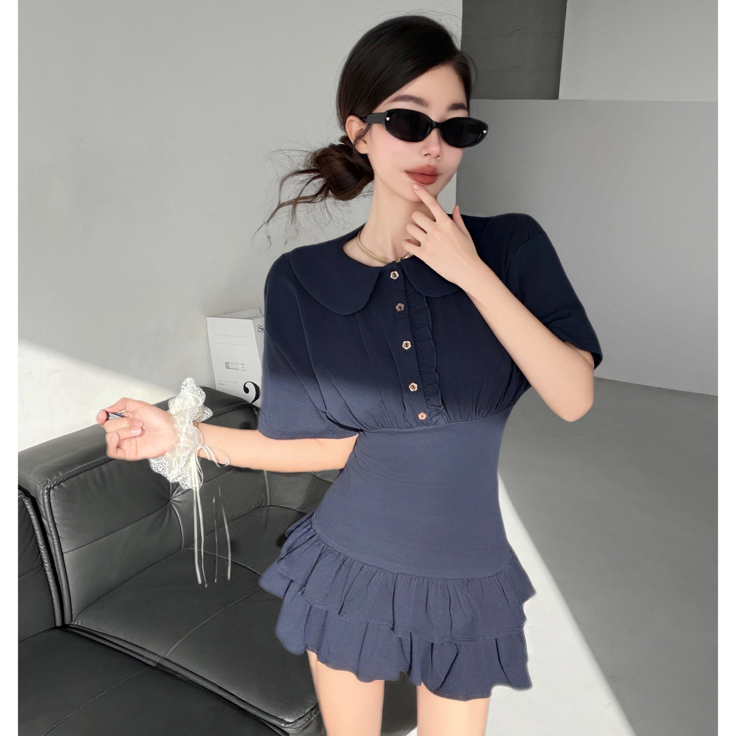 美高甜妹~学院风娃娃领荷叶边连衣裙女收腰显瘦蛋糕裙少女衬衫裙
