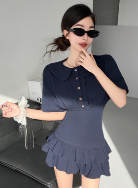 美高甜妹~学院风娃娃领荷叶边连衣裙女收腰显瘦蛋糕裙少女衬衫裙