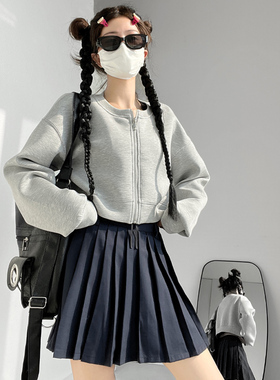 美式辣妹空气层运动休闲开衫棒球服慵懒风灰色小个子卫衣短外套女