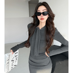 显贵老钱~轻熟简约风长袖高领系带T恤女修身气质上衣短款打底衫