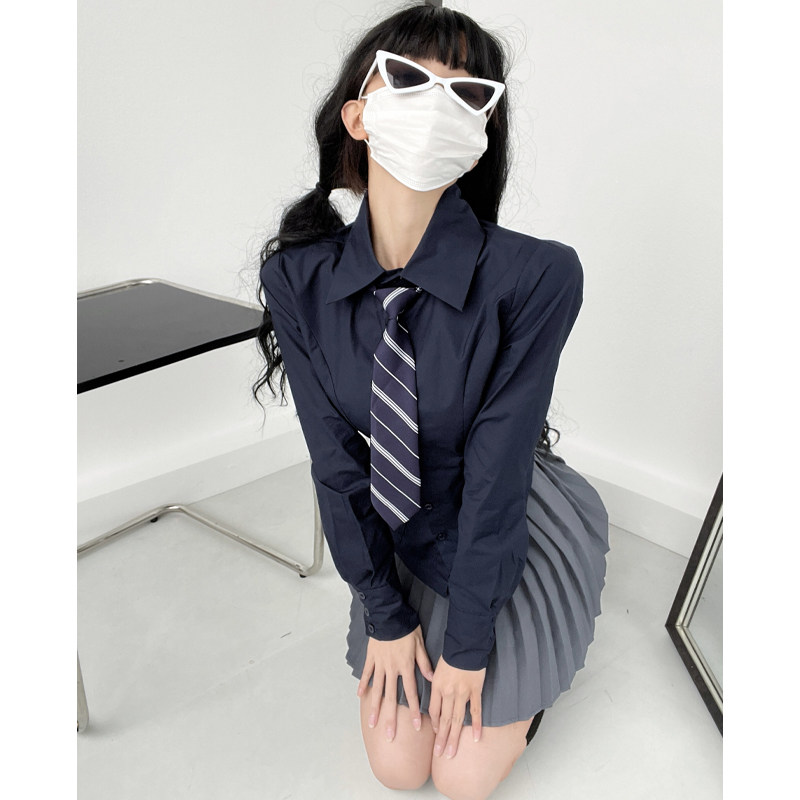 和小安美高学姐辣妹风JK制服收腰长袖衬衫藏青色显瘦衬衣送领带女