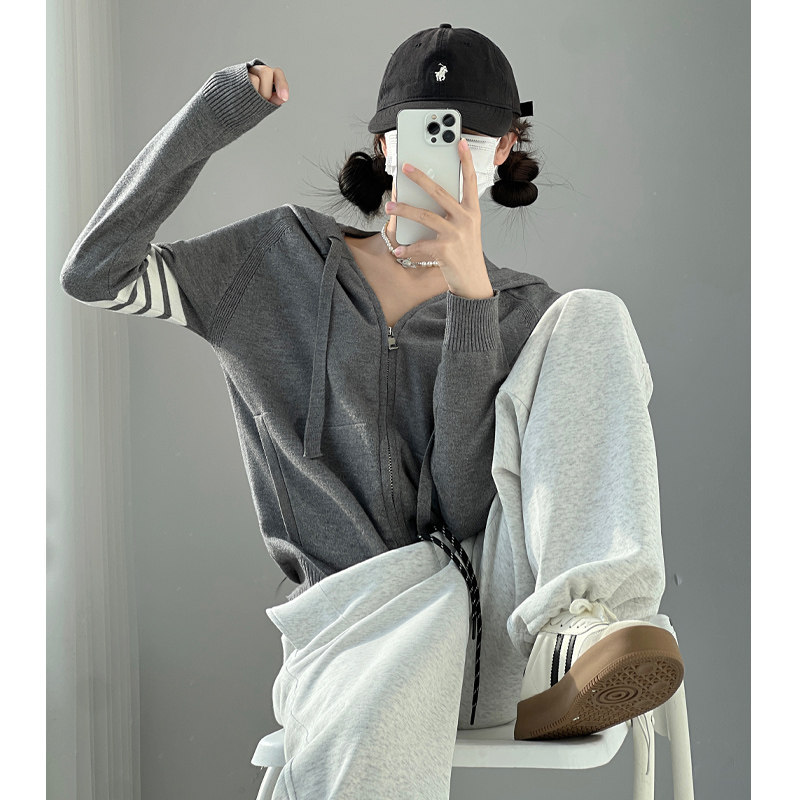 私服很爱~美式复古连帽宽松韩版双拉链女士开衫毛衣女针织外套女