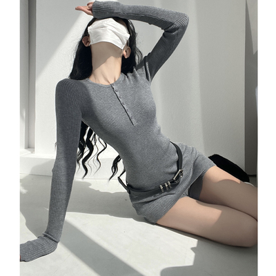 俏皮千金时髦两件套女春秋随性舒适灰色针织衫性感辣妹显瘦套装