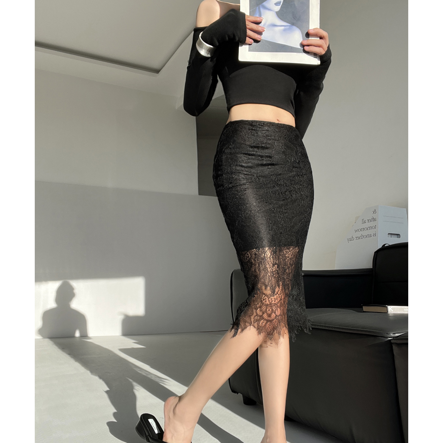 钓系穿搭~性感纯欲辣妹微透包臀过膝蕾丝半身裙女高级感约会短裙