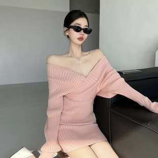 南韩千金~温柔纯欲风一字领针织连衣裙性感包臀名媛气质辣妹短裙