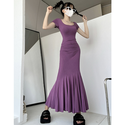 高贵紫步步生莲纯欲性感褶皱收腰短袖包臀裙鱼尾连衣裙高个子长裙