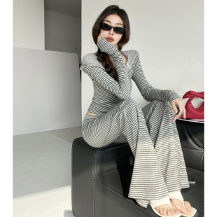 时髦套装 松弛假日 两件套美式 卫衣短外套女休闲长裤 慵懒条纹修身