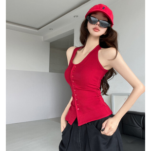 加州街头~显白红色V领挂脖吊带背心女夏辣妹外穿遮副乳无袖上衣