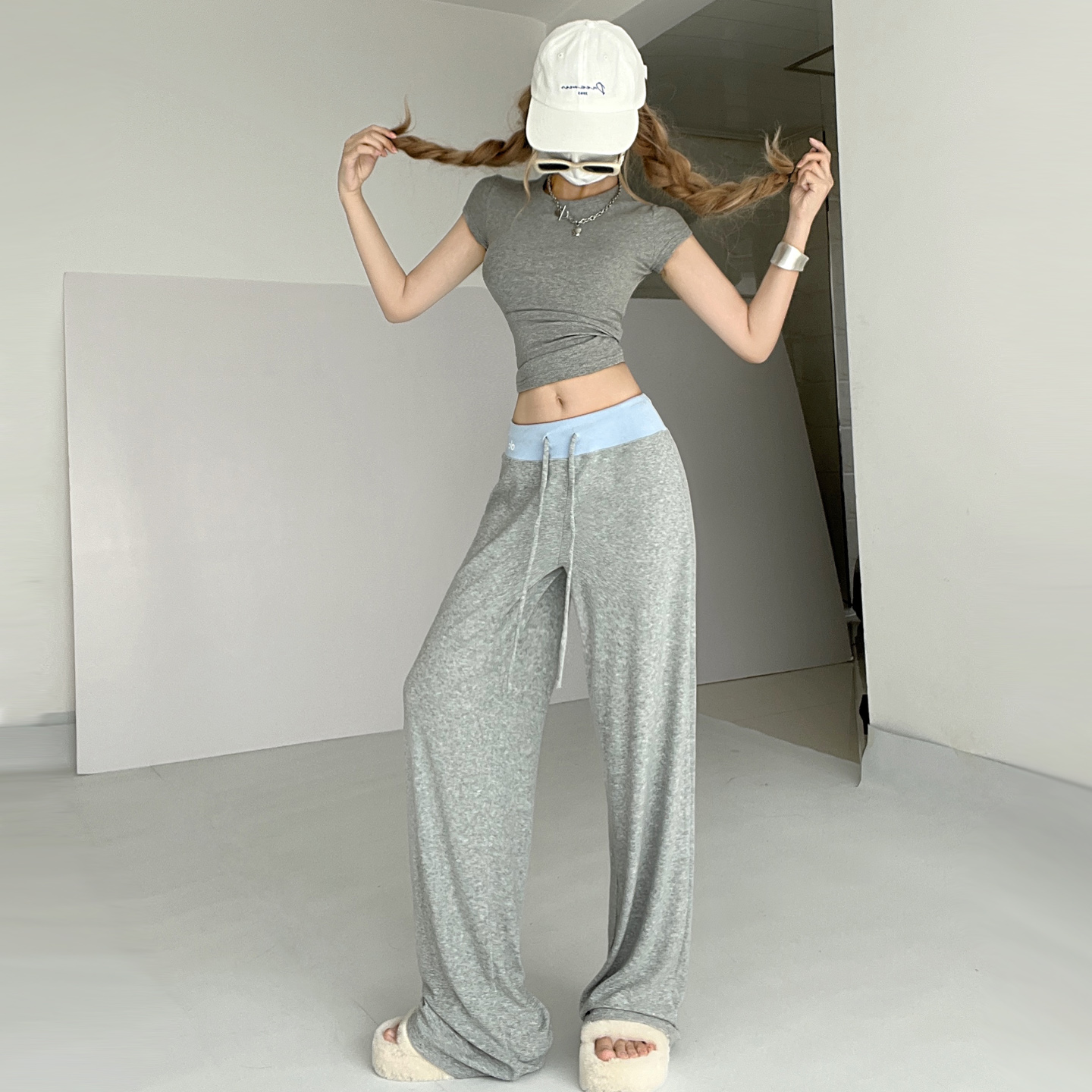 宽松阔腿裤撞色腰松弛感运动裤