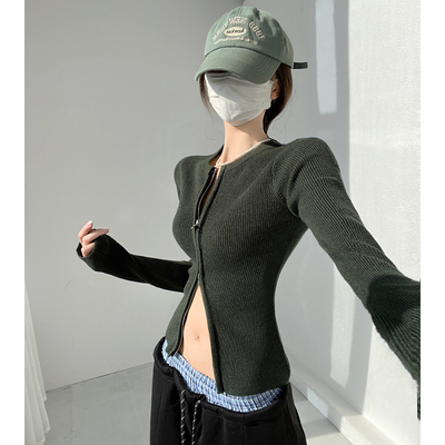 小安美式复古辣妹修身外穿双拉链毛衣开衫女秋冬内搭长袖针织上衣