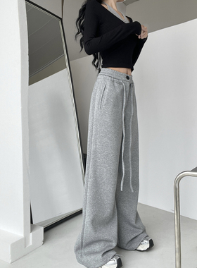 松弛主义灰色抽绳卫裤女春秋新款直筒慵懒风宽松休闲阔腿运动长裤