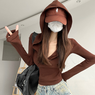 废土风交叉领打底衫短款露脐连帽卫衣女长袖设计感美拉德辣妹T恤