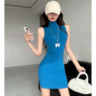 纯欲风性感无袖高领包臀连衣裙女修身显瘦蓝色显白气质背心裙夏季
