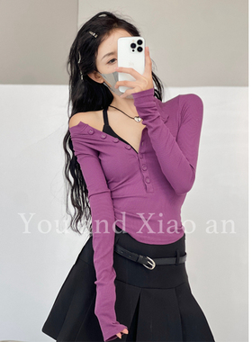 和小安美式御姐辣妹半开领长袖T恤女春秋正肩显瘦叠穿紫色打底衫