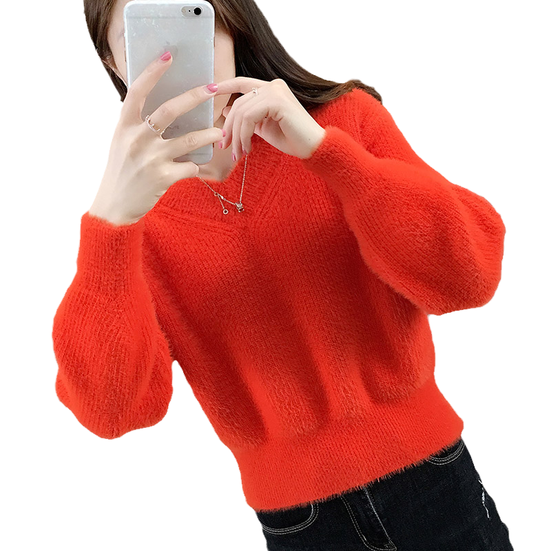 小个子水貂绒毛衣女秋冬加厚高腰短款针织打底衫女宽松配短裙上衣