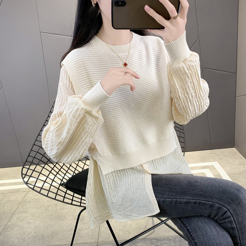 拼接假两件针织衫毛衣女秋季宽松中长款大码遮肚子打底衫外穿上衣