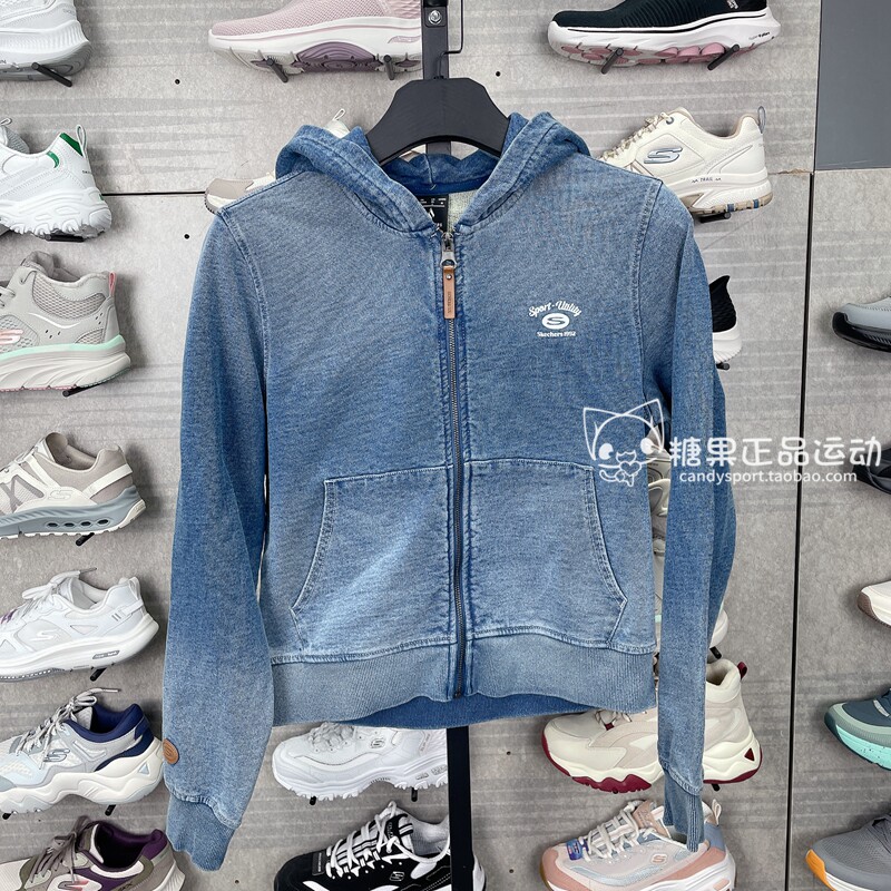 正品代购斯凯奇秋季女款百搭复古潮流连帽短款牛仔外套L125W016