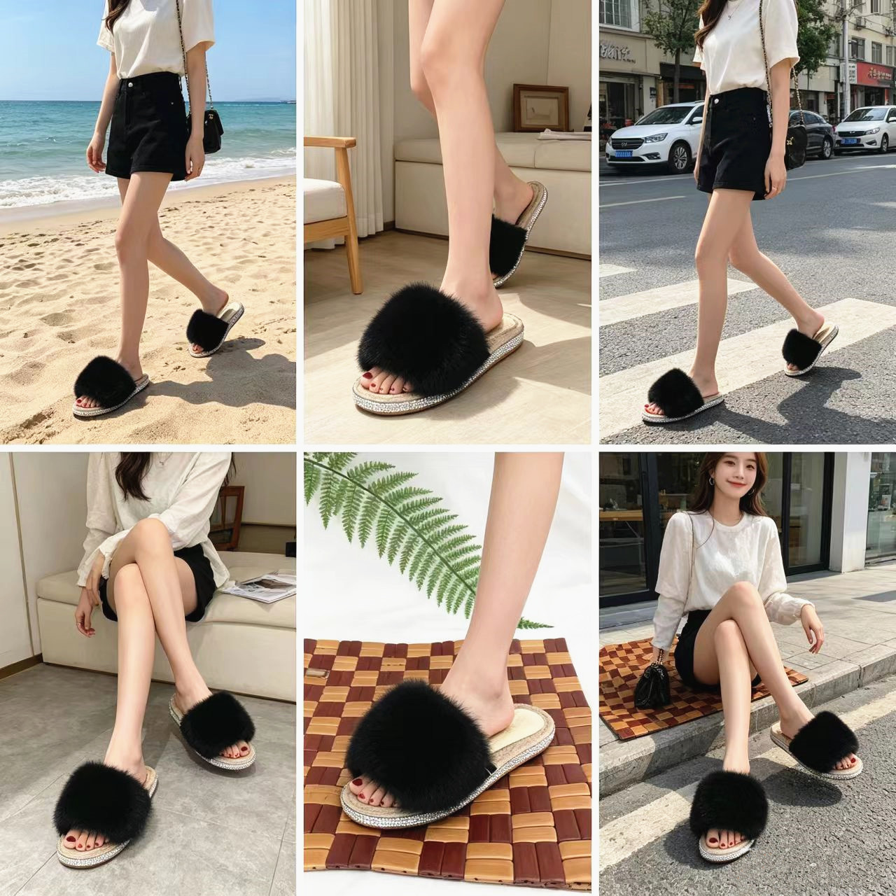 夏季女鞋真狐狸毛拖鞋女款一字拖