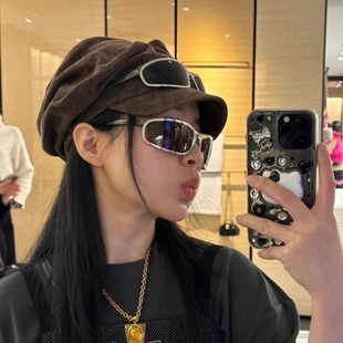 新款墨镜23N凹造型太阳镜护目遮阳防紫外线猫眼银色框曲面眼镜Y2K