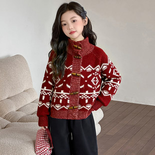 JIC女童红色加厚毛衣2025新款大童红色过年穿喜庆洋气费尔岛高领