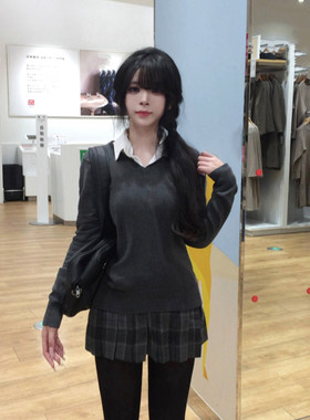 JIC狗短36CM千奈格裙JK制服日系校供深灰色套头毛衣高腰半身裙套