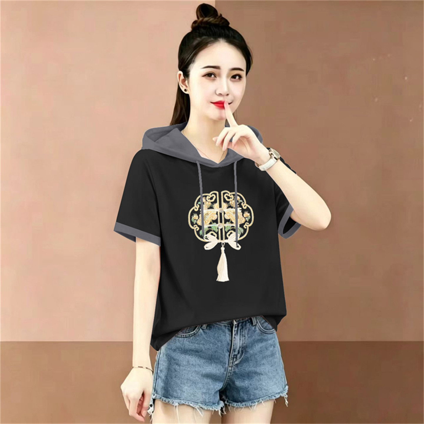 纯棉连帽撞色短袖T恤女显瘦上衣
