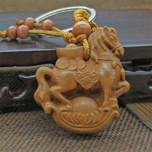 桃木赤马小木牌马上发财汽车钥匙扣挂件精雕桃木平面扣钥匙扣平安