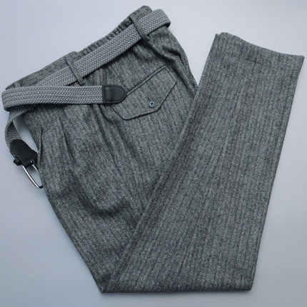 秋冬羊毛480g重磅粗花呢雾霾灰咖鱼骨纹裤子松紧腰皮带款男士西裤