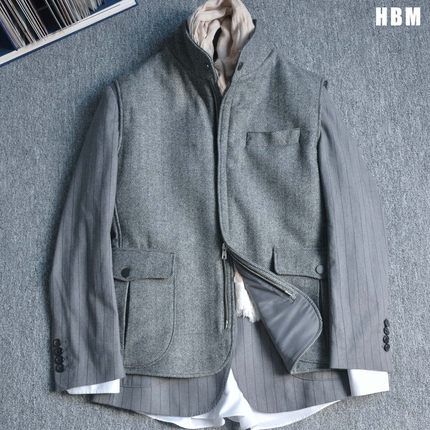 HBM那不勒斯重磅烟灰色人字纹羊毛充棉拉链马甲秋冬休闲防寒背心