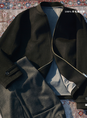 HBM 秋冬款黑色羊绒行政夹克纯羊毛螺纹棒球领高端时尚休闲男外套