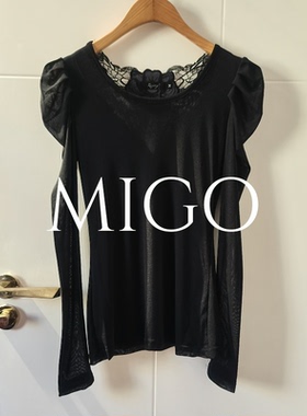 【米果家】春季女装拼皮蕾丝钩花露背黑色修身长袖网纱女式打底衫