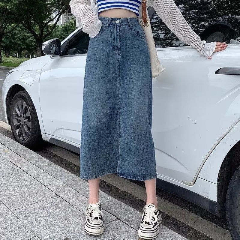 休闲2025裙子半身裙开叉中长款春夏复古高腰百搭前牛仔字女新款