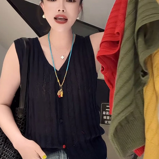 无袖 欧货2025夏季 女短款 时尚 马甲上衣 简约宽松百搭V领背心针织衫