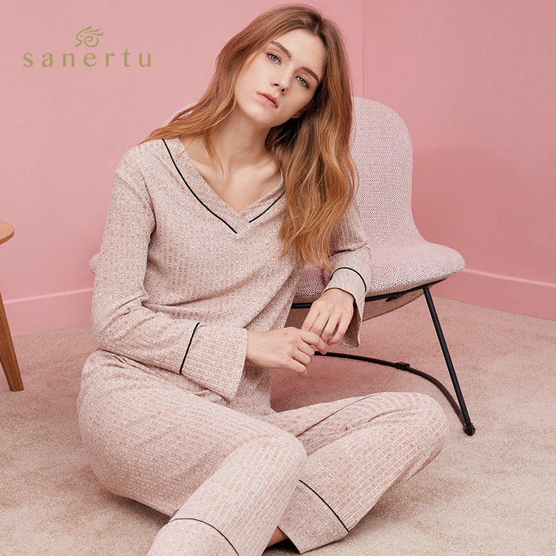 三耳兔春秋睡衣女长袖V领居家纯色可外穿冬季女士针织家居服套装