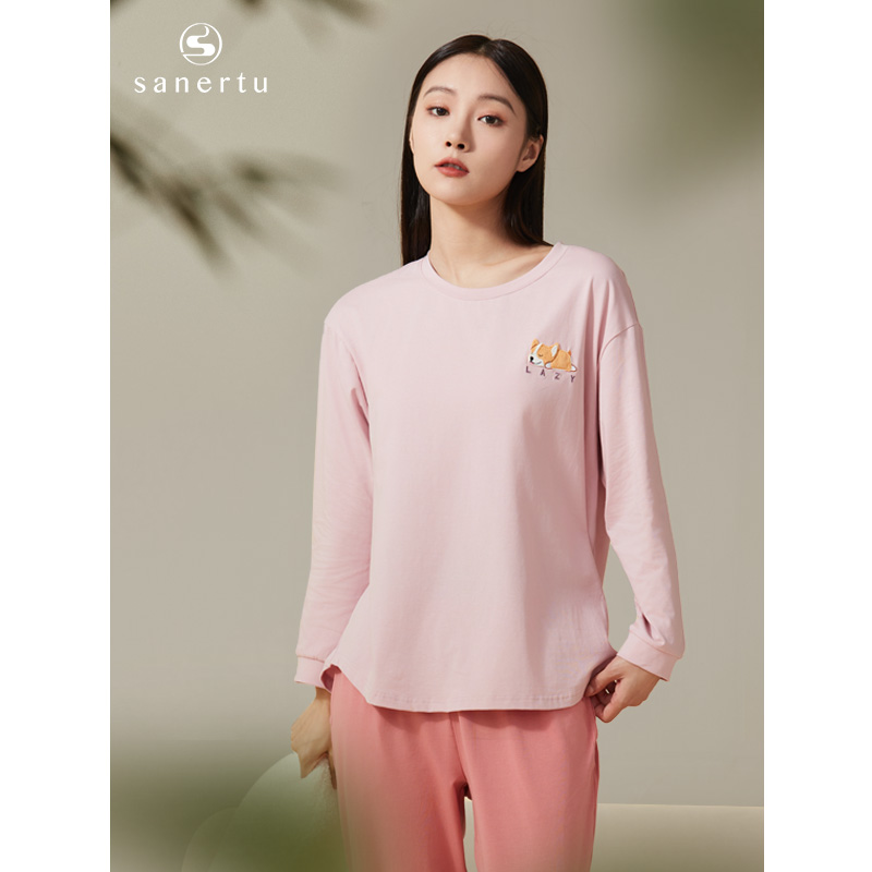 三耳兔纯棉睡衣女长袖春秋圆领全棉柔软小动物冬季女士家居服套装