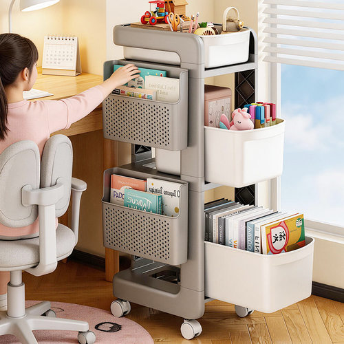 书包置物架多层塑料书本架可移动带轮小推车桌下落地放书包收纳架