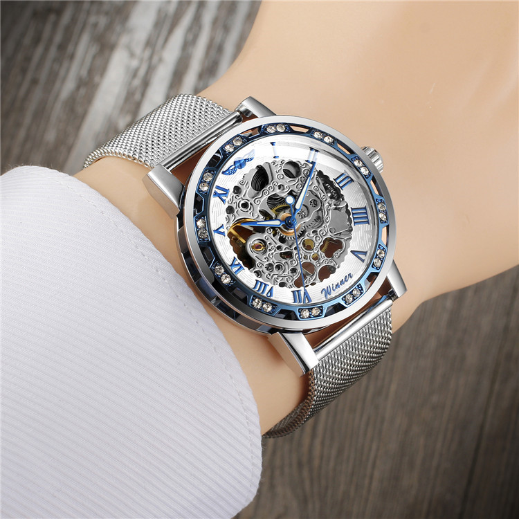 胜利者镂空透底女士镶钻机械手表