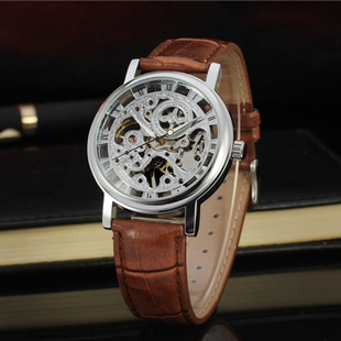 Winner/胜利者镂空手动机械表机芯真皮男士女士腕表指针式情侣表