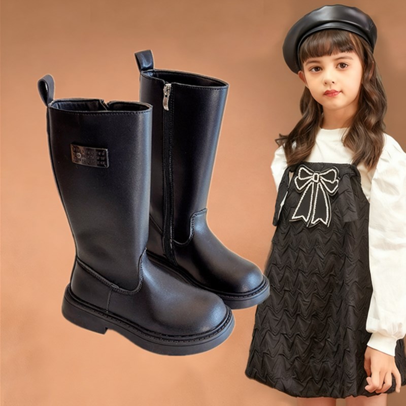 女童靴子长筒秋冬季黑色走秀洋气透气配裙子巨好看单里高筒靴皮靴