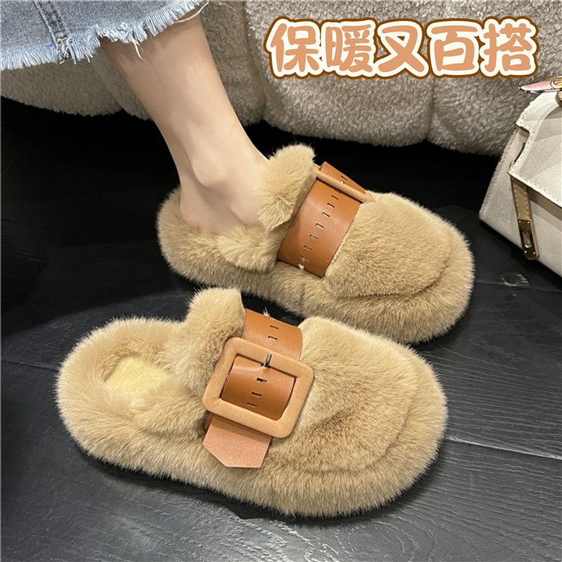 毛拖鞋女外穿包头毛毛鞋网红毛毛拖鞋懒人保暖厚底毛绒棉拖鞋家居