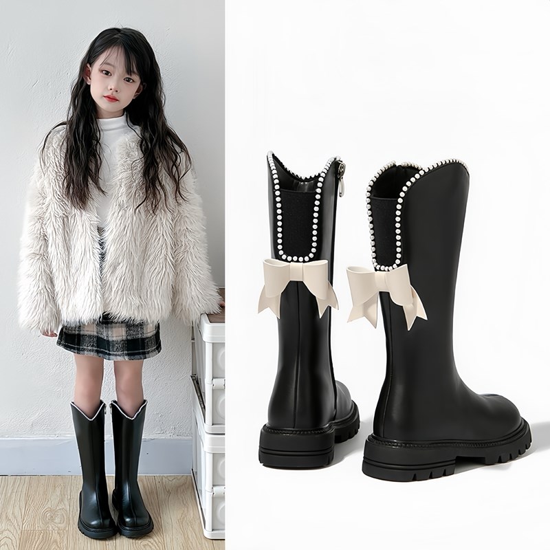 女童靴子长筒秋冬季模特走秀洋气时髦加绒二棉蝴蝶结配裙子高筒靴