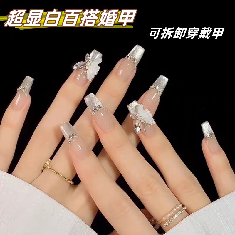 婚礼穿戴甲中长款梯形法式轻奢高级感闪钻拍婚纱照美甲新娘款婚甲