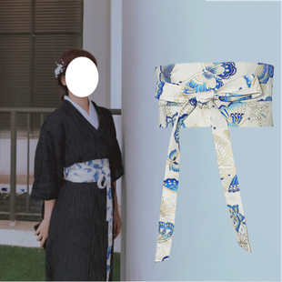 简约汉服红色仙鹤腰封棉麻日式图腾腰带和风和服印花百搭女宽腰封