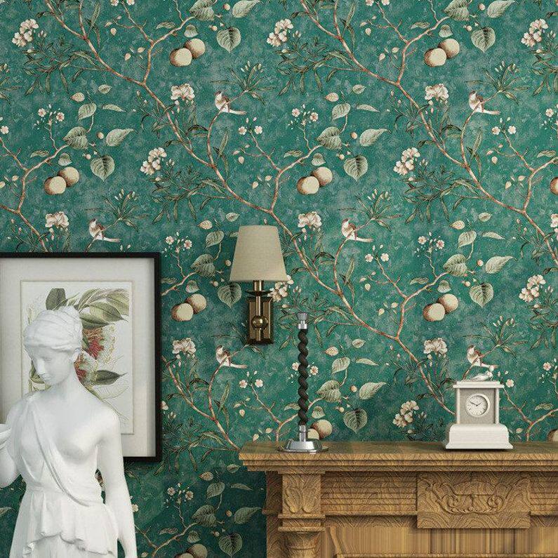 新中美式复古做旧花鸟图案墙纸苹果树卧室客厅背景无纺布田园壁纸