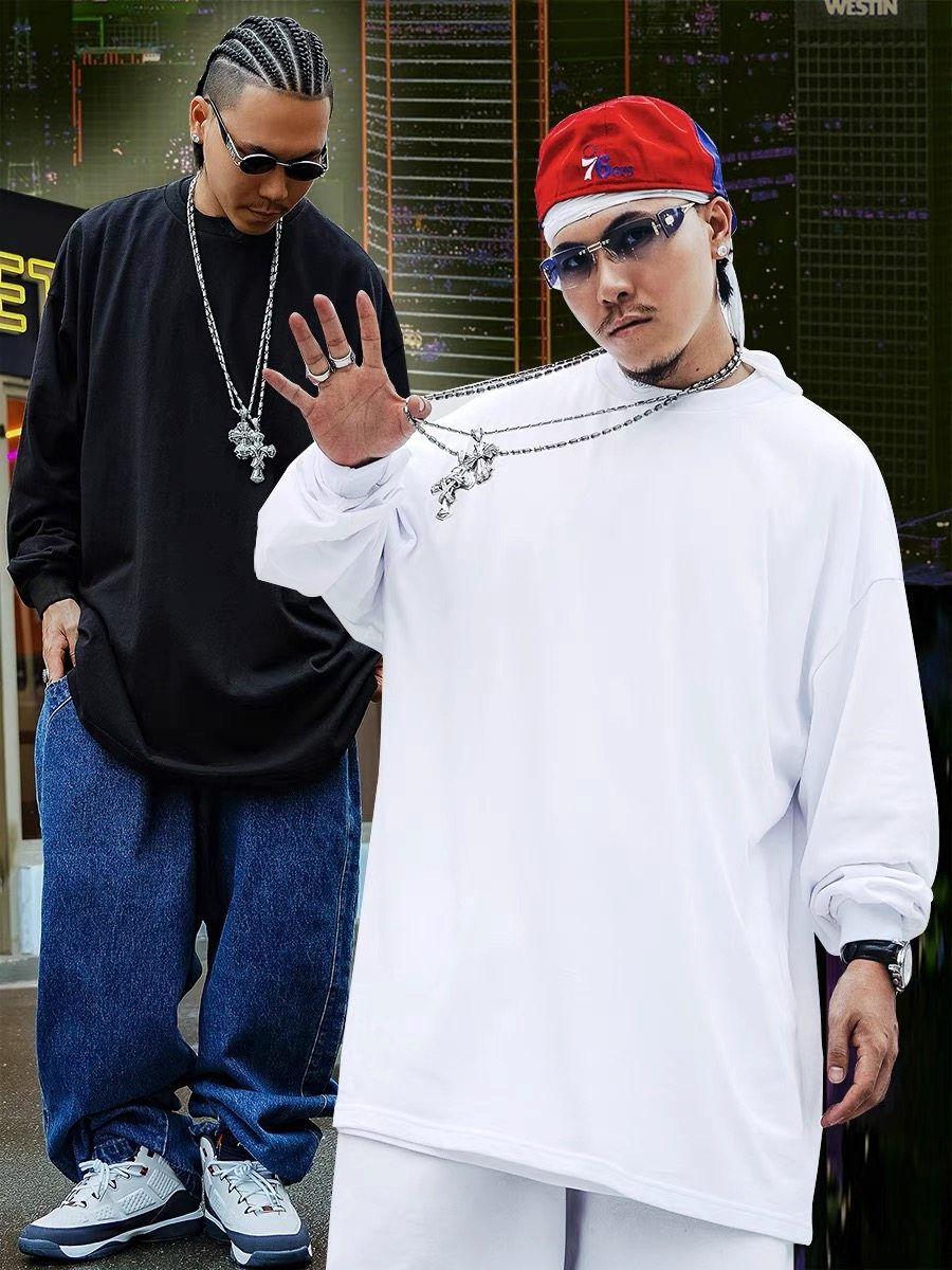 经典oldschool黑白长袖圆领t恤男宽松大码hiphop街舞说唱嘻哈bboy