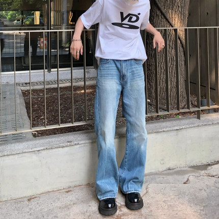 美式复古水洗cleanfit微喇牛仔裤男女设计宽松直筒拖地阔腿裤子潮