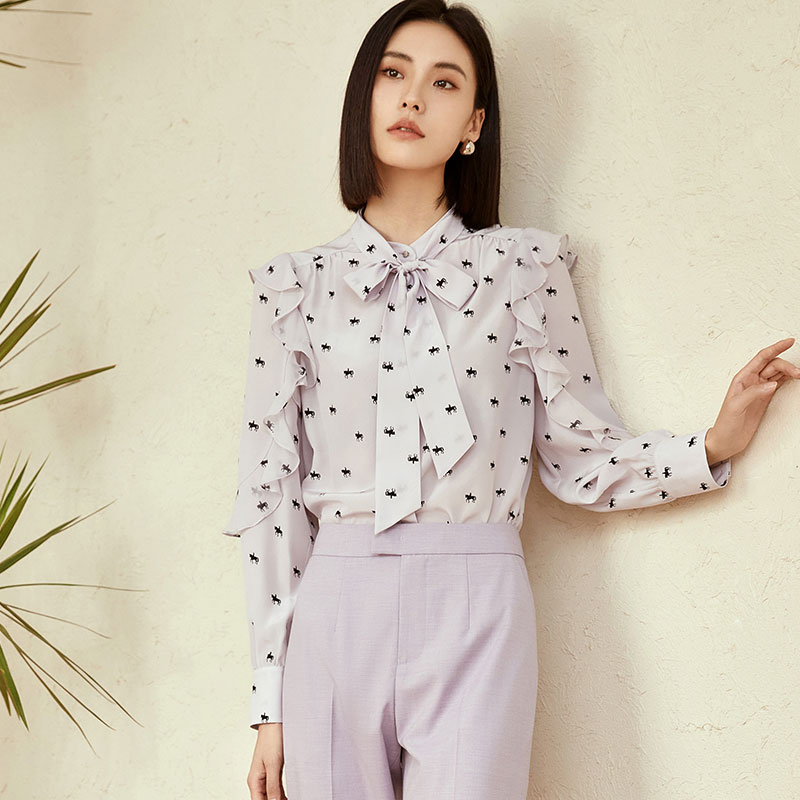 玳莎真丝和拆卸飘带小立领衬衫