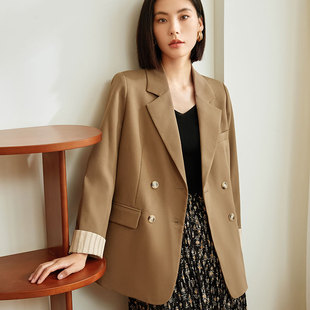 设计时尚 玳莎宽松双排扣西装 职场通勤撞色翻袖 新款 别致外套 女秋季