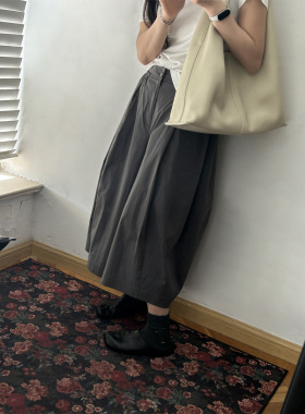 部分现货正品韩代东大门夏深灰色后松紧腰薄款阔腿休闲长裤八分裤